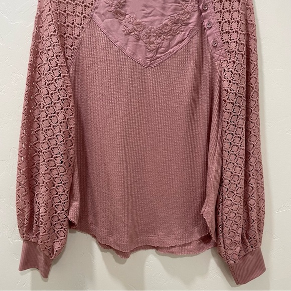 Free People Women's Small Dusty Rose Embroidered Crochet Waffle Knit Blouse Top - Picture 7 of 16